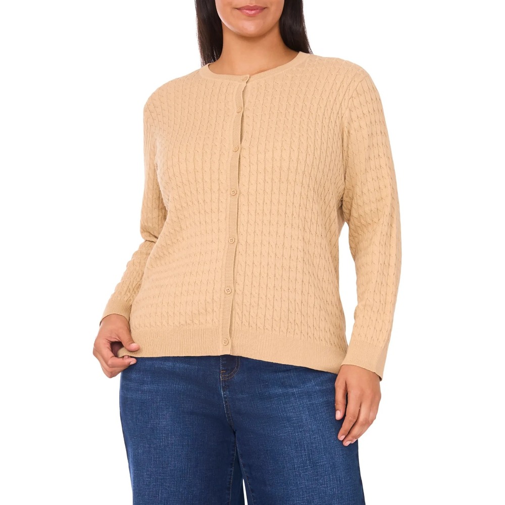 NWT Halogen Cable Stitch Cardigan 3X Plus Nomad Camel Cotton Crewneck Sweater